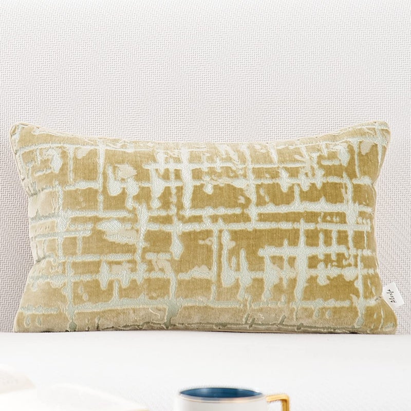 Alerfa Rectangle Geometrical Plaid Striped Cut Velvet Throw Pillow Cover 12x20 Inch Luxury Modern Decorative Lumbar Pillow Cover for Couch Living Room Bedroom, Beige - Image 1